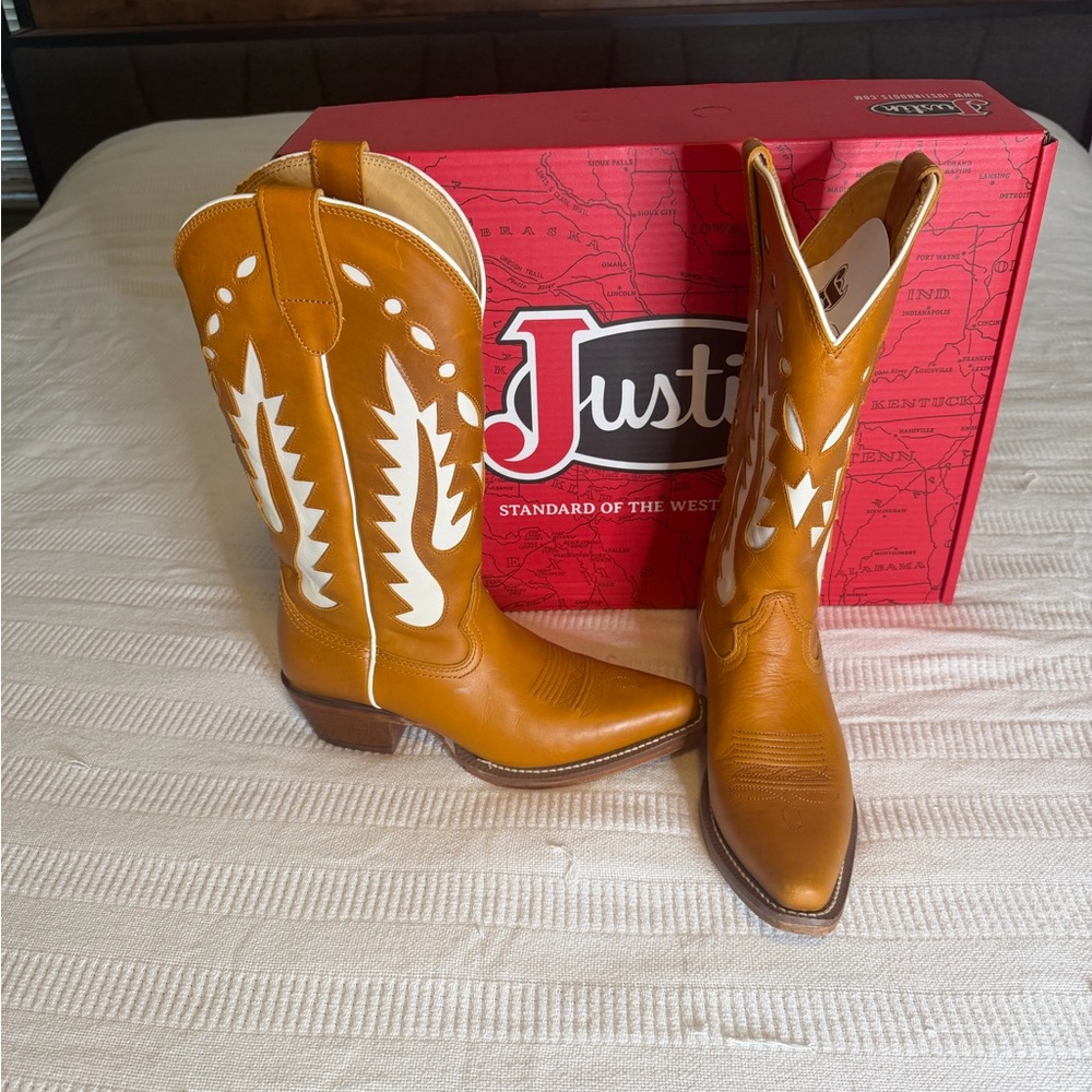 Justin Boots Brown and White Women's Western Genuine Leather Boots Size 9B - Picture 10 of 14